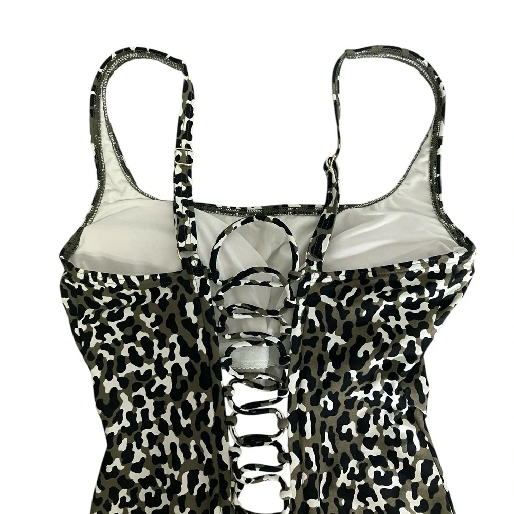 MICHAEL‎ KORS One Piece Swimsuit Leopard Print Lace Up Back Women Size 10
